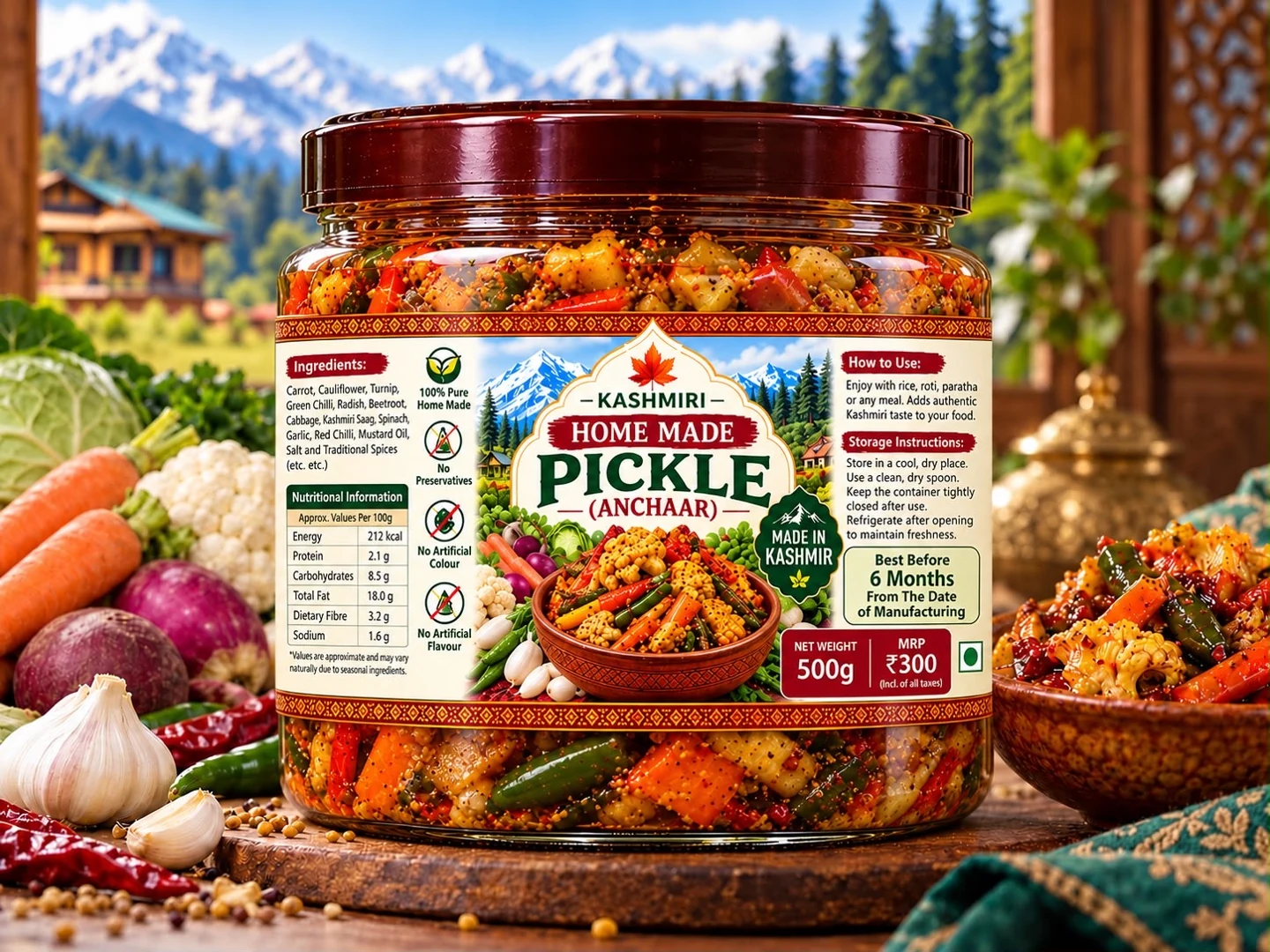 Kashmiri Home Made Pickle (Anchaar) jar and ingredients