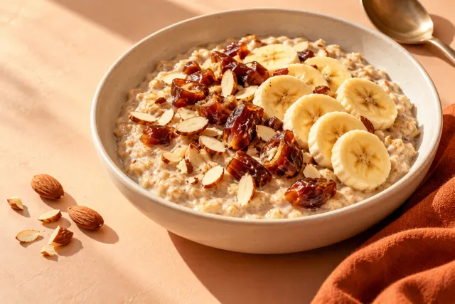 A warm bowl with banana, almonds and dates